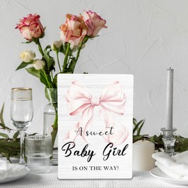 HYKDFMNCJ Baby Shower Wooden Signs, Girl Welcome Sign Stand 5x7 Inch, Centerpieces For Girl, Pink Bow Coquette Baby Shower Decorations