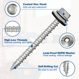 FMhotu Metal Roofing Screws #10×1-1/2Inch, 500-PCS, Hex Head Rustpert Coating Sheet Metal to Wood Siding Screw with EPDM Rubber Washer, Sharp Point, Hex Socket Included