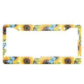 Swono Butterfly and Sunflower License Plate Frame Watercolor Sunflower Butterfly Blue License Plate Cover Aluminum Metal License Plate Holder Frame for Women Men Auto Decoration for US Car/Truck