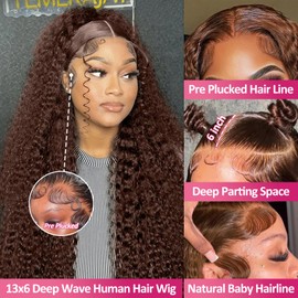 MXTQO Deep Wave Lace Front Wigs Human Hair Pre Plucked HD Transparent Lace Front Wigs Human Hair Deep Wave Lace Frontal Wigs Human Hair Wigs for Women (Chocolate Brown, 30 Inch)