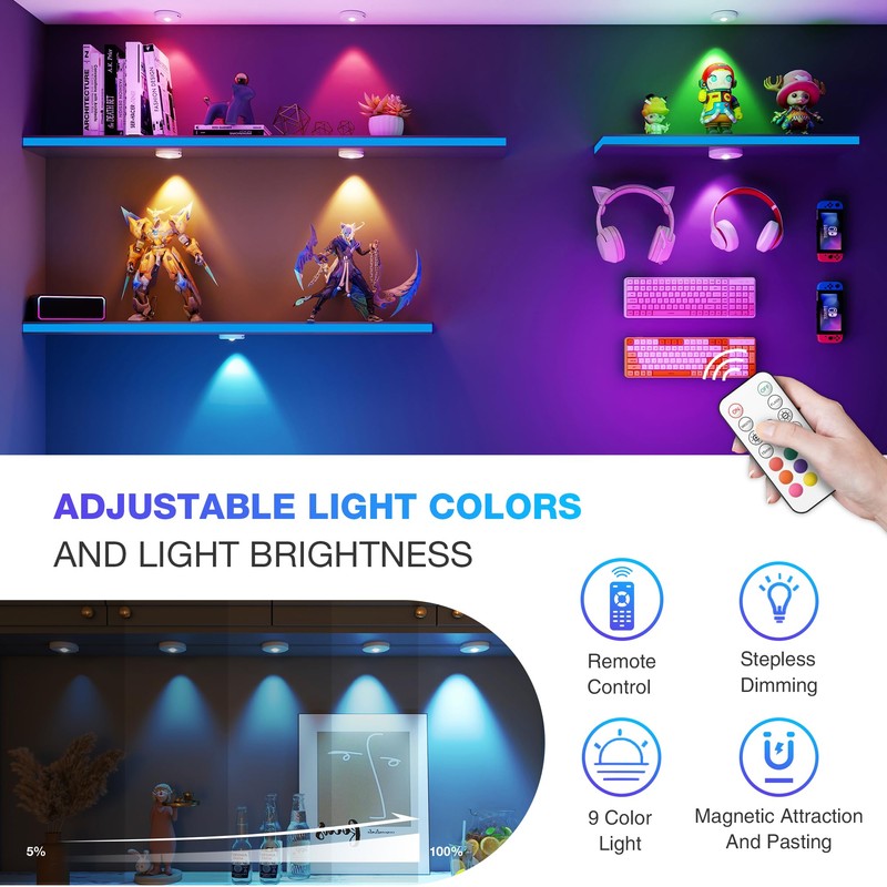 RGB Puck Lights with Remote Control, 2000mAh Battery Operated Tap