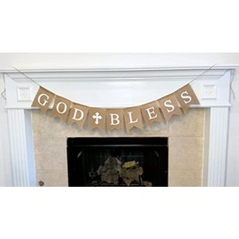 Shimmer Anna Shine Burlap God Bless Banner for Baby Girl Boy Baptism Decorations Christening First Communion Confirmation Baby Shower Wedding Birthday Party Photo Props (White Print) | Shimmer Anna Shine