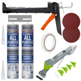 Caulking Tool Kit, Caulking Gun, 2 White/Clear Silicone Sealant with Gun - All-Purpose 100% Silicone Caulk (20 oz Tube), and 5 in 1 Scraper/Smoothing Tool, Sandpaper, Gloves and Masking Tape