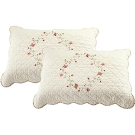 vctops 2-Piece Elegant Floral Embroidered Pillow Shams Queen Size 100% Cotton Quilted Decorative Pillow Shams Set (Cream,20"x28")