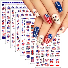 8 Sheets Independence Day Nail Art Stickers 3D Self-Adhesive July 4th American Flag Heart Butterfly Fireworks Design Patriotic Star Decals Women DIY Nail Decoration