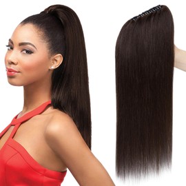 SEGOHAIR Claw Clip Ponytail Hair Extensions Human Hair, 16 Inch Ponytail Extension Natural Real Hair Straight Remy Hair Extensions-Darkest Brown(115g）