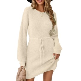 Libsorge Womens Wrap Drawstring Mini Sweater Dress Fall Winter Spring 2024 Dressy Casual Cozy Cute Waffle Knit Crewneck Long Sleeve Midi Dresses Beige M
