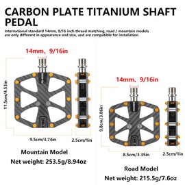 Ultralight Full Carbon Fiber Bike Pedals with Titanium Shaft | 9/16" Wide Flat Design | 3-Bearing System | Non-Slip Surface (Mountain Bike)