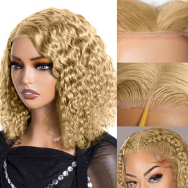 Honey Blonde Curly Bob Glueless Wigs Human Hair Pre Plucked Pre Cut 7x5 HD Lace Blonde Deep Wave Human Hair Wig 200% Density Short Bob Wigs for Women #27 Colored Curly Lace Front Wig 14 Inch