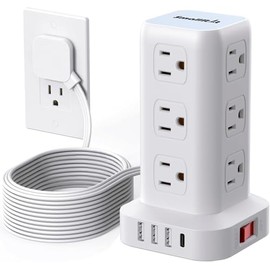 SMALLRT Torre Regleta Multicontacto con Protector de Sobretensión, 2.98M Extension Electrica Enchufe Plano con 12 Enchufes CA y 4 USB (1 USB C), Conec