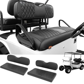 SugarFox 4PCS Golf Cart Seat Covers - Staple-Free Easy Install for EZGO TXT 1994-2013/RXV, Front & Rear PU Leather Cushions, All Black