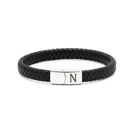 TOLOWOBK Leather Bracelet Men's Bracelet with Letters Stainless Steel Engraving A-Z Letter Bracelet Men Black Braided Leather Bracelet with Magnetic Closure Christmas Birthday Gifts for Men, Leather,