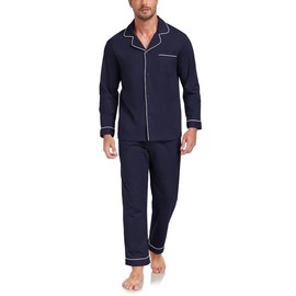 COLORFULLEAF Men's Long Pyjamas 100% Cotton Two-Piece Men's Pyjamas with Button Placket and Pockets, navy blue