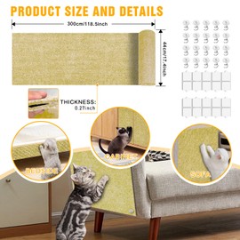 Cat Scratch Mat,118.5"x17.4" Trimmable Self-Adhesive Cat Scratch Furniture Protector, Sticky Cats Scratcher Wall Mat, Covering Cat’s Tower, Couch Protector from Cats Claws (Beige)