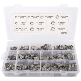 Yaegoo 200Pcs 5.8-21mm 304 Stainless Steel Single Ear Stepless Hose Clamps Assortment Kit - 10 Kinds of Size
