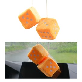 Ziciner Pair Fuzzy Plush Dice for Car Mirror, 3'' Retro Square Dice with Heart-Shape, Auto Rearview Mirror Hanging Ornament Decoration, Universal Car Accessories for Women (Yellow)