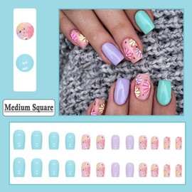 BAOYAALIN Press on Nails Short Medium Square Fake Nails with Exquisite Daisy Flower Design, Press ons Artificial Acrylic Full Cover False Stick on Nail for Women Girls Daily Wear Wedding 24Pcs