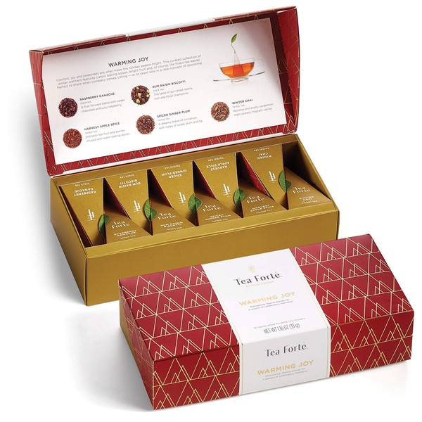 Tea Forte Petite Presentation Box Tea Samplers, Assorted Variety Tea Box, 10 Handcrafted Pyramid Tea Infusers (Warming Joy - Red/Gold)