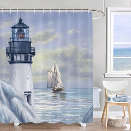 Jipusai Nautical Lighthouse Shower Curtain, Beach Ocean Coastal Shower Curtains Sets for Bathroom, Blue Sailboat Sunrise Seascape Fabric Bath Curtain Bathtub Decor Accessories with Hooks 70X70IN