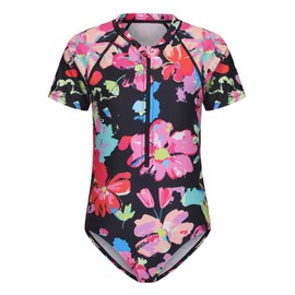 Qterdiz Big Girls One Piece Swimsuits Rash Guard for Girl Short Sleeve Bathing Suits with Front Zipper Sun Protection Swimwear Black Red Flowers Size 14/12-14 Years