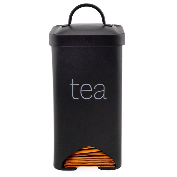 AuldHome Farmhouse Enamelware Tea Bag Holder (Black); Metal Tea Bag Caddy Dispenser for Wrapped Individual Tea Sachets