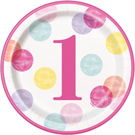 Unique 73285EU Eco-Friendly Paper Plates-23 cm-Pink Dots 1st Birthday Party-8 Count (Pack of 1), 23 Centimeters