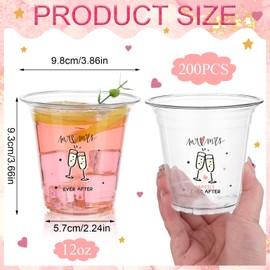 Furbeko 200 Pack Plastic Wedding Cups Bulk 12oz Wedding Reception Cup Disposable Clear Party Cups Mr and Mrs Cups for Wedding Supplies Bridal Shower Anniversary Birthday Party