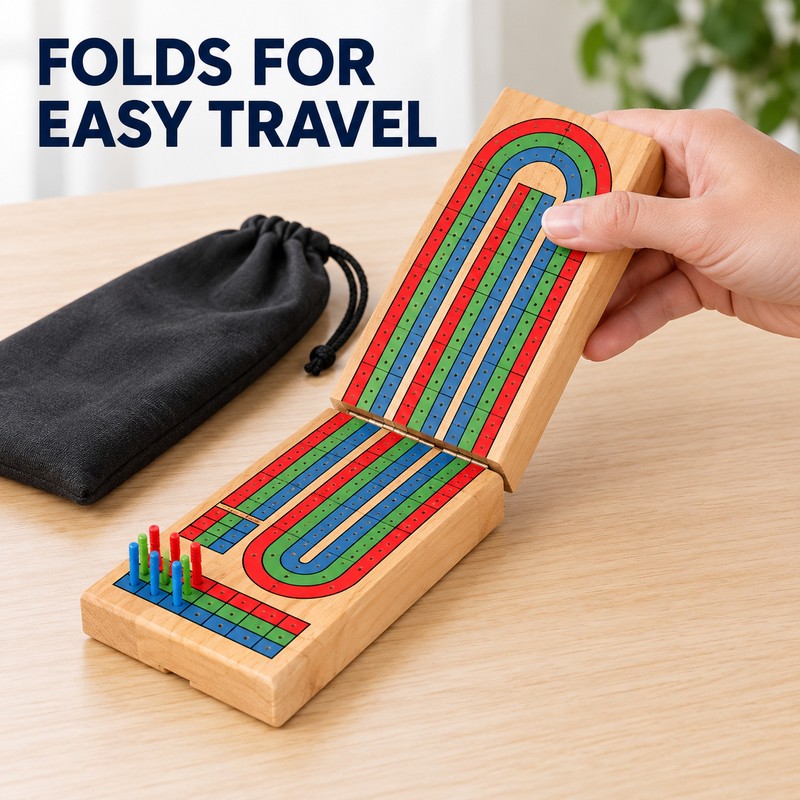 Wooden 3-Track Cribbage Board Game with 9 Pegs, Playing Cards