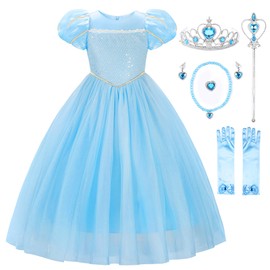 JerrisApparel Girls Princess Dress Puff Sleeve Princess Costume with Accessories (Blue, 3-4 Years)
