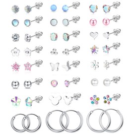 Thunaraz 24 Pairs Hypoallergenic Screw Back Earrings for Women Surgical Steel Tiny Heart Flower Flat Back Stud Earrings Cute Hoop Earrings Jewelry Set Silver Screw Back