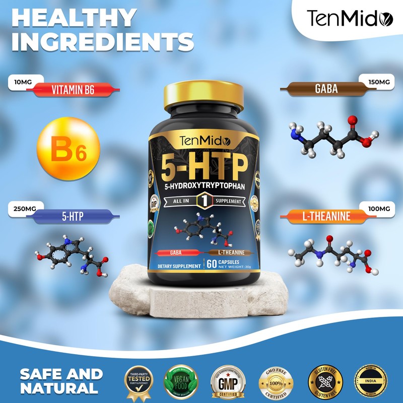 Tenmido 5-HTP & GABA Supplements - 4in1 with Vitamin B6,