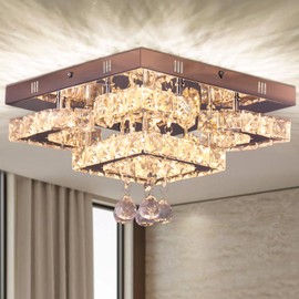 CXGLEAMING 11.8" Modern Crystal Chandelier LED Ceiling Light Fixture Suitable for Kitchen Corridor Hallway Bedroom Bathroom Dining Room 4 Petals/Raindrop Ball Square Wall Switch （Warm Light）