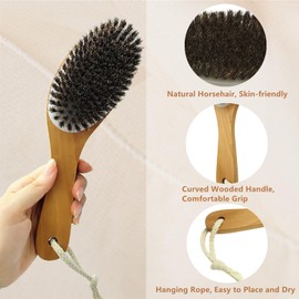 YIOYOODA Dry Brushing Body Brush, Exfoliating Body Scrubber Natural Horsehair Bath Brush with 9.8” Curved Wooden Handle for Shower, Gentle Skin Exfoliation, Cellulite and Lymphatic Improvement Gift