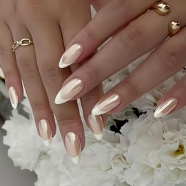 Chrome White French Tip False Nails Almond, SXVME Chrome Press On Nails Medium, Glazed French Tip Fake Nails Press on, Glitter Acrylic Nails Medium, Natural Nude Stick on Nails for Women Daily Wear