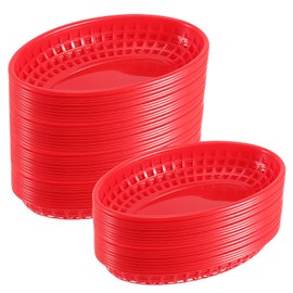 MOUYAT 50 Pcs Red Plastic Baskets, 9 x 6 Inch Oval Fast Food Serving Baskets for Serving, Bread, Fried Chicken, Frys, Fruit