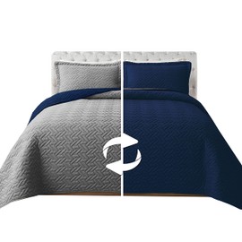 Elegant Comfort 3-Piece Quilted Reversible Bedspread Coverlet Set with Pillow Shams, Exquisite Majestic Stitching All Season Heavy Weight - Ultra Soft Premium Quilt- King, Navy/Gray