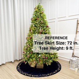 72-Inch Royal Blue Velvet Christmas Tree Skirt with Golden Swirl Embroidery, Foam-Padded, Elegant Lace Tie Closures