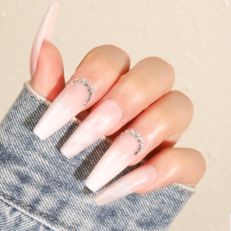 24 Pcs Pink False Nail Tip,Diamond False Nail Tip with