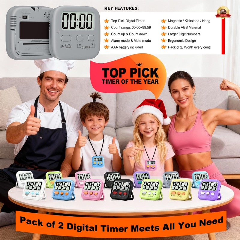 Antonki 2 Pack Digital Timer for Kids, Magnetic Countdown Kitchen