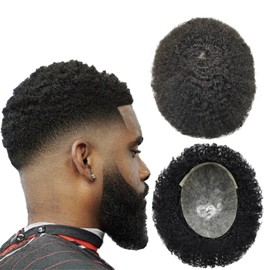 Afro Toupee for Man Weave Units Human Hair Replacement for Black Men 8x10 Male Hairpiece Injected Skin PU Base Black Mens Toupee 10MM Wavy-1# Jet Black