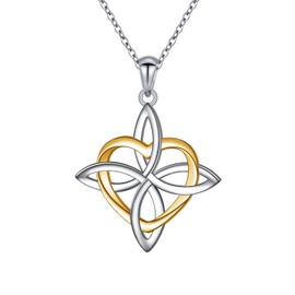 FLYOW Two Tone 925 Sterling Silver Good Luck Irish Jewelry Celtic Witches Knot Pendant Necklace for Women
