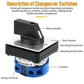 Universal Changeover Switch 690V 25A, 2 Position Selector Latching Rotary Cam Switch, 2 Pole 4 Terminals Locking Type Transfer Switch for Electrical Wiring, Squirrel Cage Type Asynchronous Motor