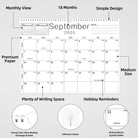 Calendar 2025-2026, Wall Calendar 2025-2026 from July 2025 to December 2026, 14.7"x11.5" 18 Months Wall Hanging Calendar with Thick Paper for Office Home School(White,14.7x11.5 inch)
