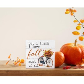 Mtrgdn Fall Decor,Fall Decorations for Home Wooden Box Sign,But I Think I Love Fall Most of All Bicycle with Autumn Leaves Thanksgiving Decor,Farmhouse Fall Decor for Table Desk Shelf 5x5 Inches