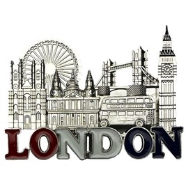 London Metal Silver Coloured Fridge Magnet - Word in Red Glitter/Westminster Abbey/St. Paul's Cathedral/Eye/Tower Bridge/Best of British Double Decker Bus/Big Ben/UK Souvenir/Gift Idea