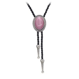 BRBAM Oval Natural Stone Pendant Bolo Tie Necklace Retro Gothic Style Necktie Gift (Pink), Medium