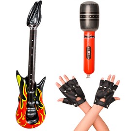 NAUZE 3 Pieces Punk Rocker Party Kit Punk Gloves Inflatable Flame Guitar Inflatable Microphone Fancy Dress Disco Party Supplies