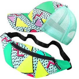 Velmitten 2 Pcs Retro 80s 90s Outfits for Women Men 80s Fanny Pack and Hat Costumes Accessories Adjustable Waist Bag Neon Bucket Hats for 90s Themed Party Decorations