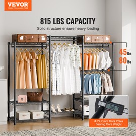 VEVOR Sturdy Apparel Organizer, Mobile Garment Hanger with Four Rods & Eight Shelving Levels, Tailorable Closet Stand, Independent Dress Hanging Solution, Supports Up to 800 lbs
