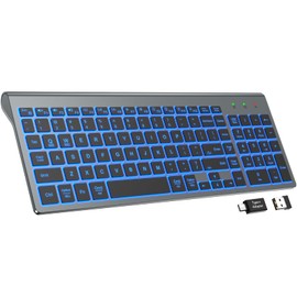 SABLUTE Wireless Keyboard with 7 Colored Backlits, Rechargeable Silent Compact Cordless Computer Keyboard with Low Profile Quiet Light Up Keys for Windows, PC, Linux, Chrome, Mac (Grey)